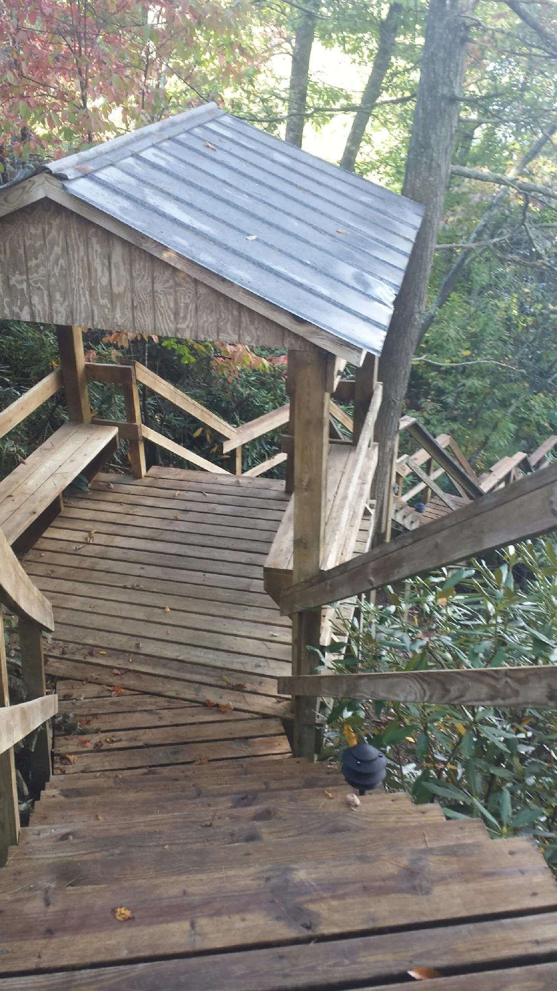 Metal roofed shelter over wooden steps on a wooded walkway — Skylight Repair & Installation work by our crew in Friendswood